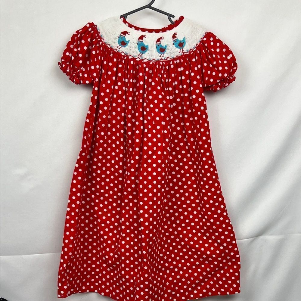 Surcie handmade smocked embroidered red white polka dot cotton corduroy sress